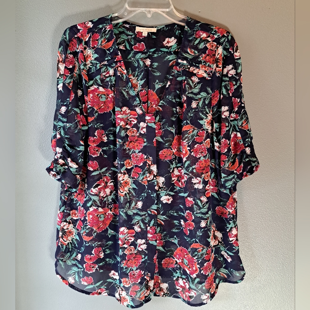 Skies Are Blue - Navy Red Green, Floral Pattern 3/4 Sleeve Blouse, Extra Large